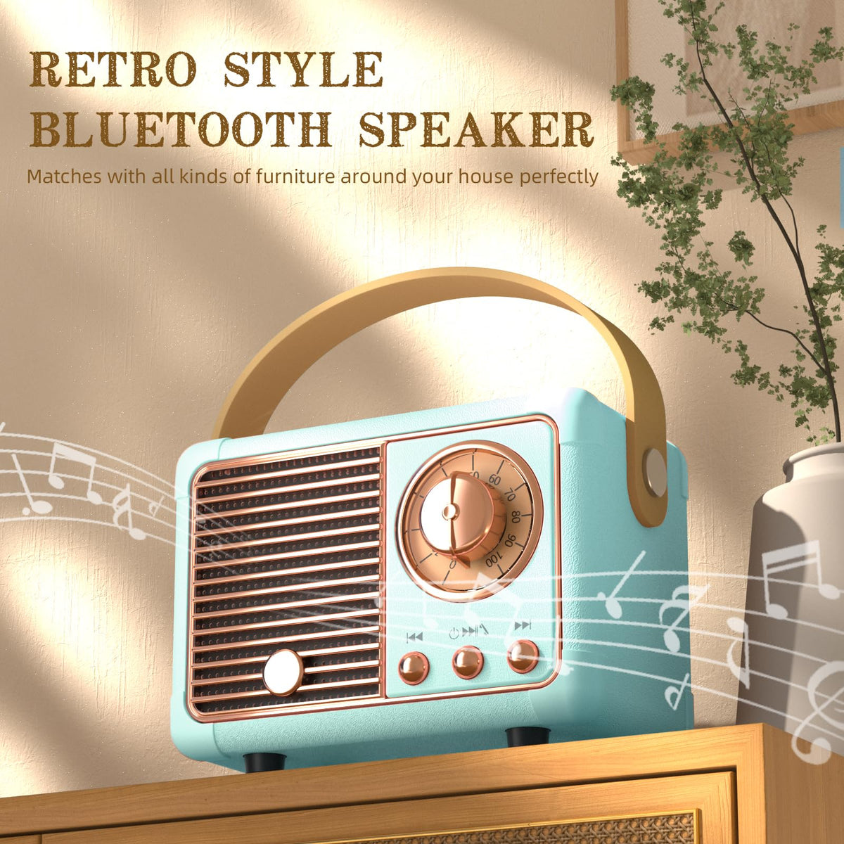 Caulikine Retro Mini Speaker back ports highlighting Bluetooth and AUX options.