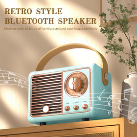 Caulikine Retro Mini Speaker back ports highlighting Bluetooth and AUX options.
