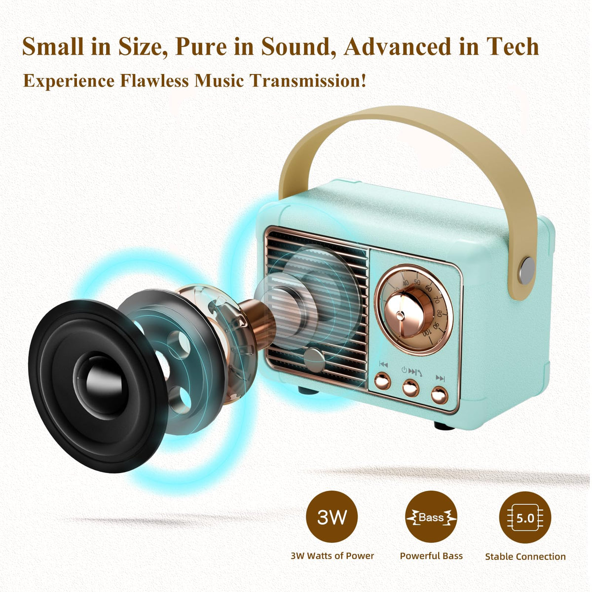 Caulikine Retro Mini Speaker on desk showing compact footprint in workspace.