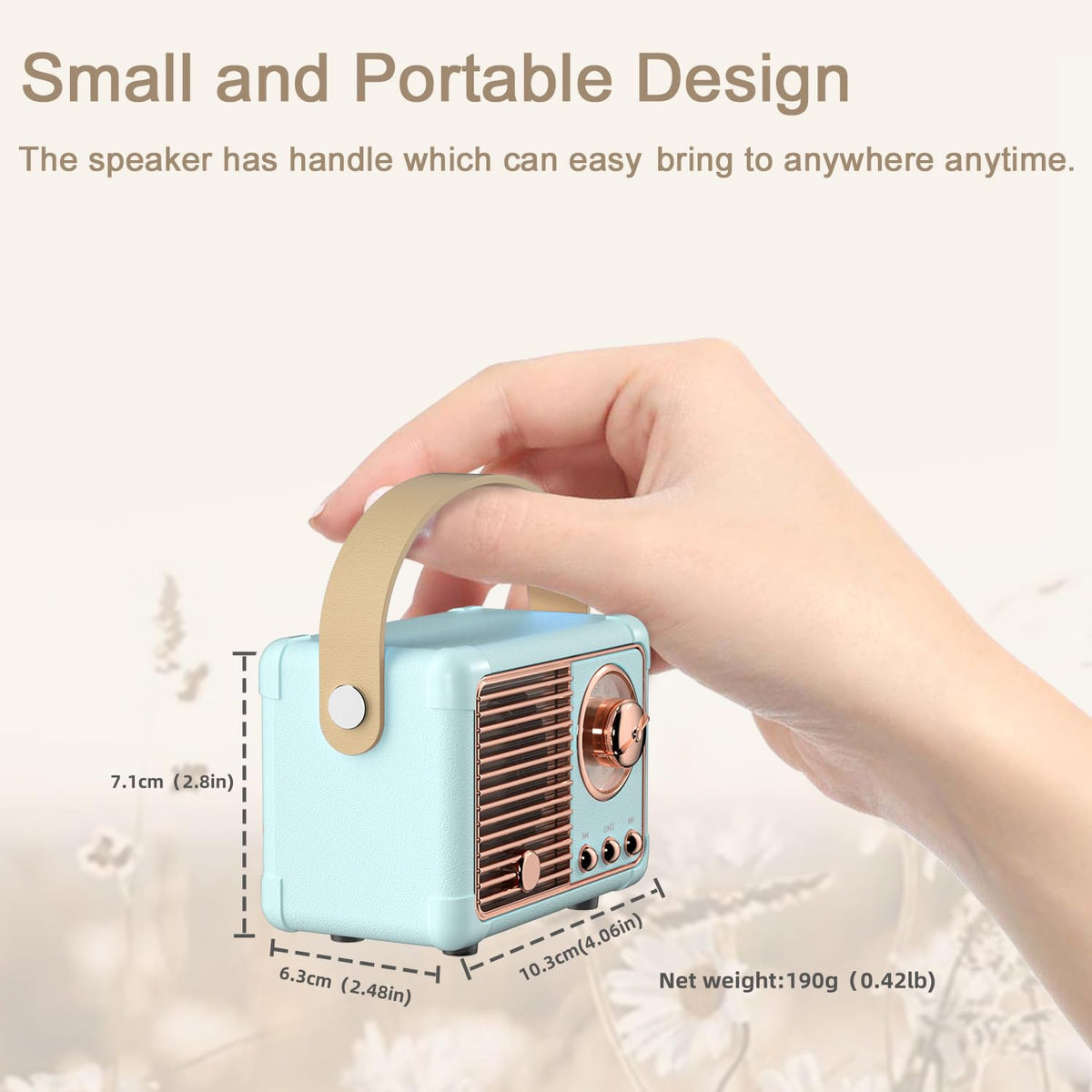 Caulikine Retro Mini Speaker side view, PU leather handle for easy carrying.