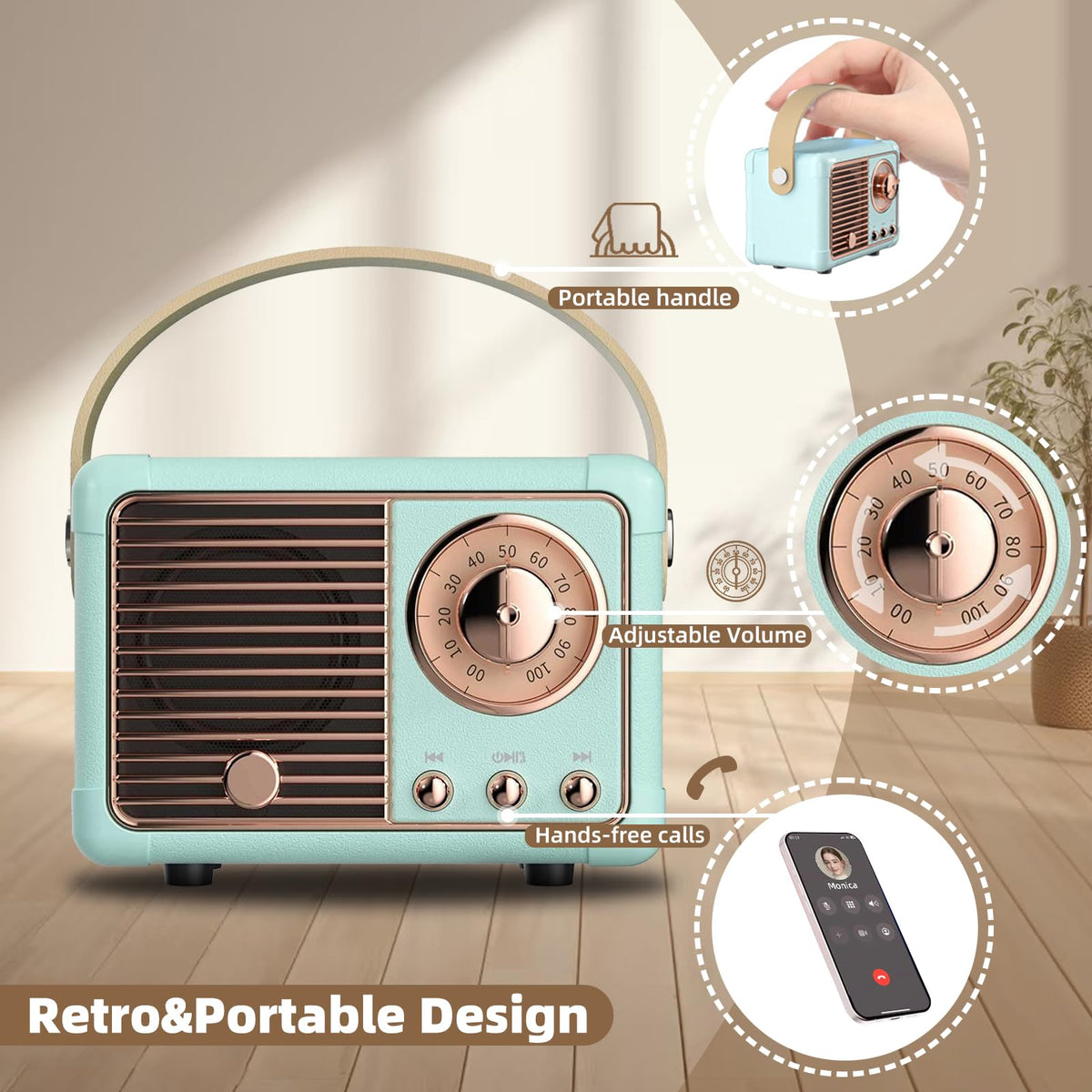 Caulikine Retro Mini Speaker blue with strap for easy transport on the go.