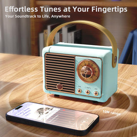 Caulikine Retro Mini Speaker blue with strap, ready for travel and outdoor use.