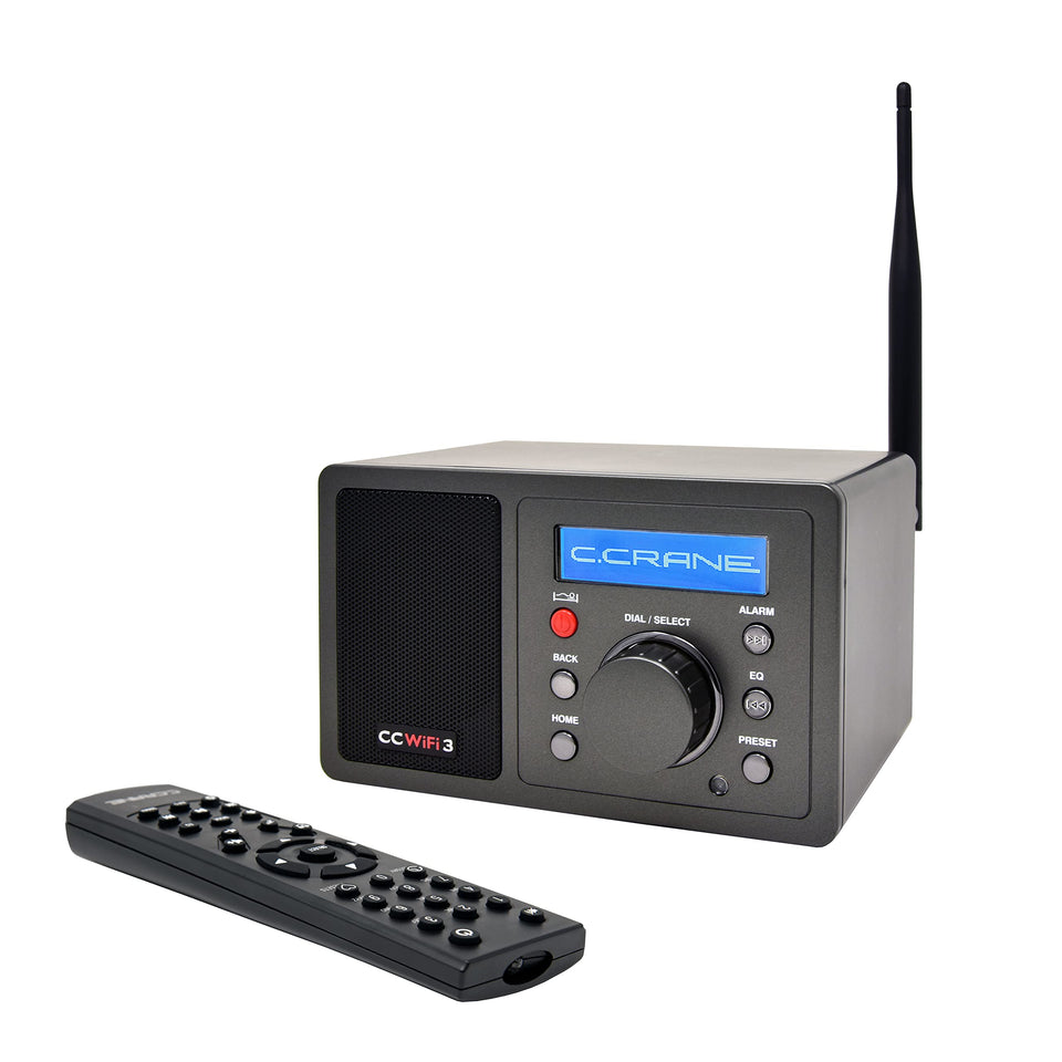 C. Crane CC WiFi 3 front view showing compact bedside radio with global station access