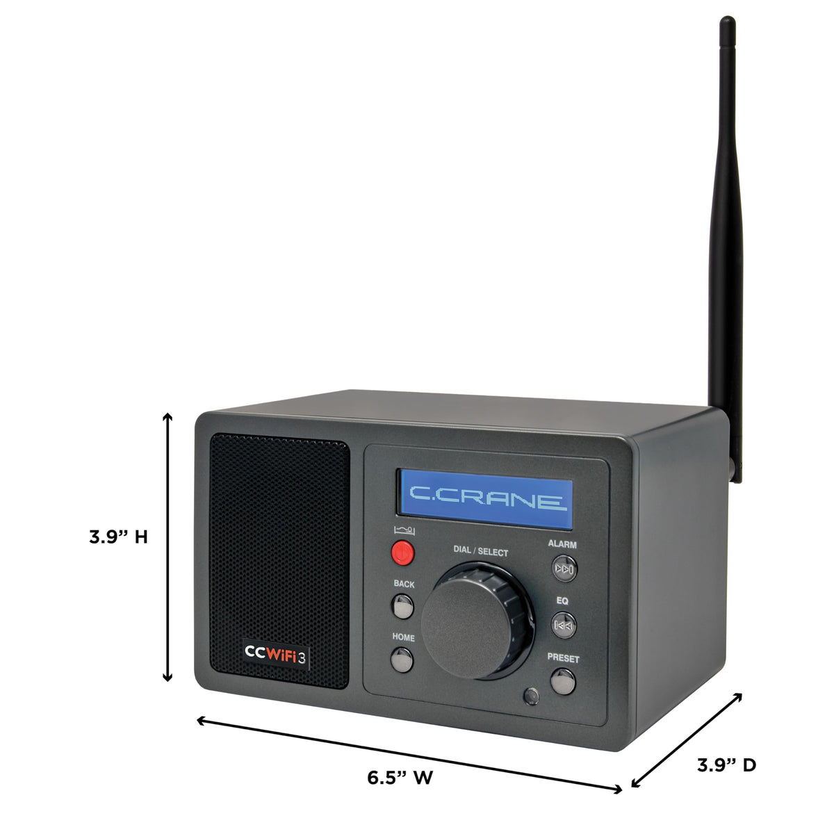 C. Crane CC WiFi 3 remote control beside the unit for quick station presets