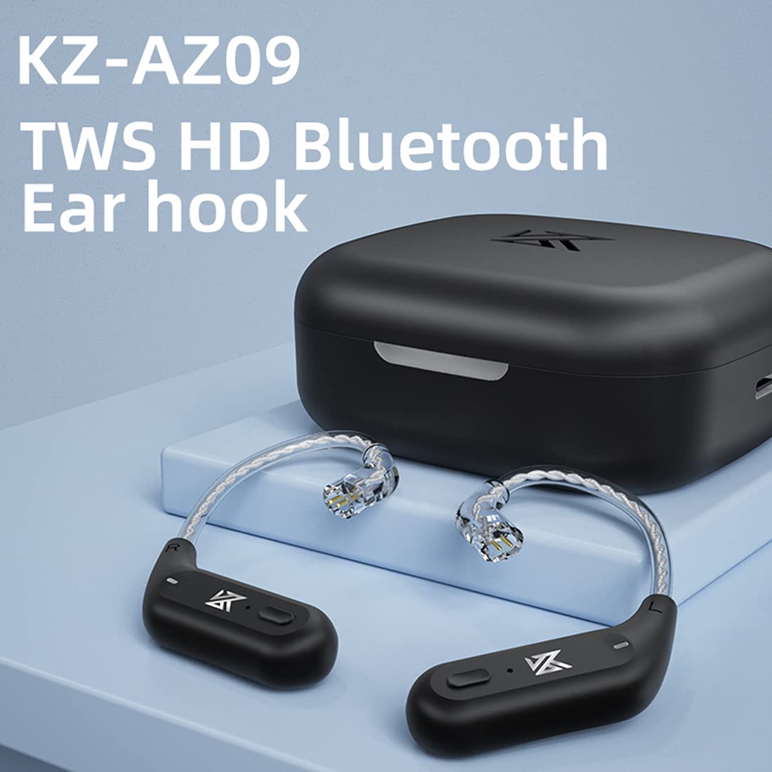 CCA AZ09 charging case open with earhooks inside, indicates extended battery life
