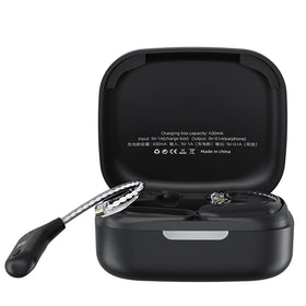 CCA AZ09 front view showing earhooks and case, clear wireless upgrade benefit