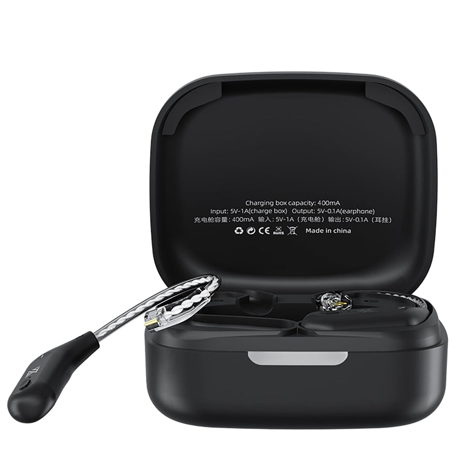 CCA AZ09 front view showing earhooks and case, clear wireless upgrade benefit