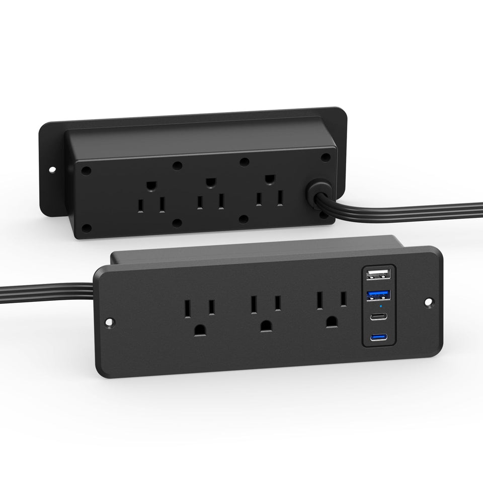 CCCEI 6-outlet recessed power strip front view with accessible ports