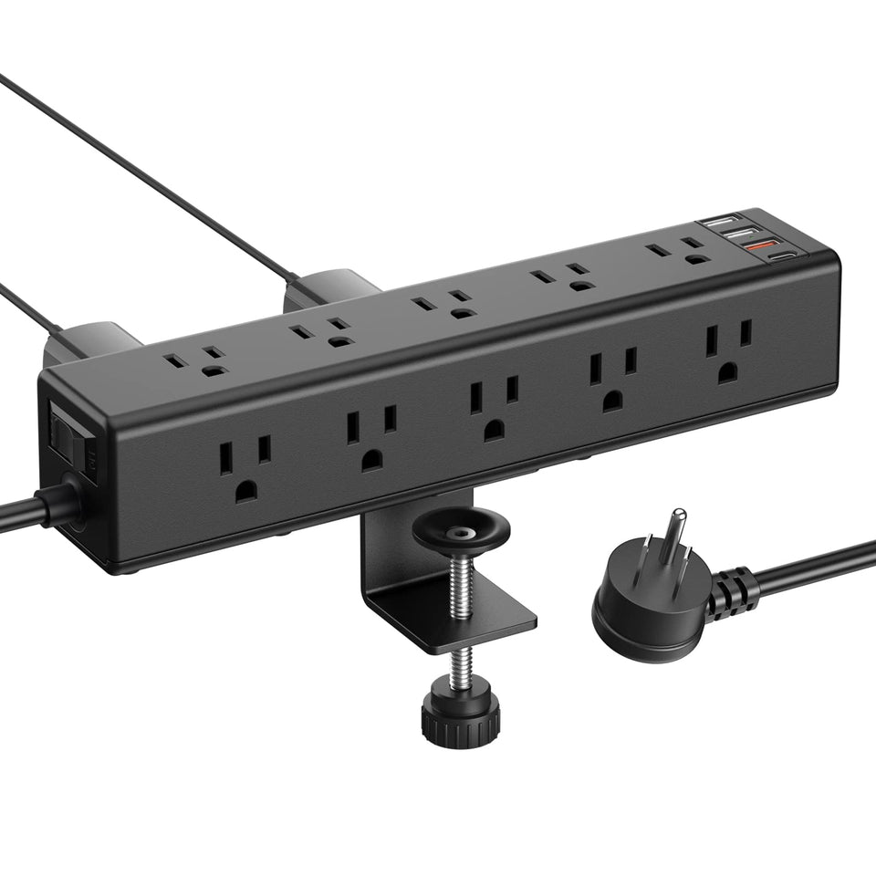 CCCEI clamp power strip front view showing outlets and clamp, keeps desk organized