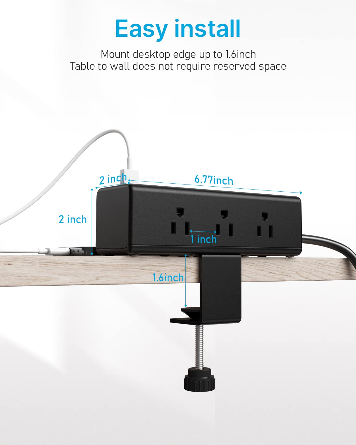 CCCEI lifestyle shot of desk setup with power strip reducing cable clutter and improving workflow