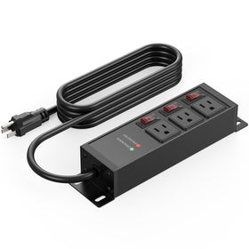 CCCEI front view of 3-outlet power strip showing robust build and easy access switches