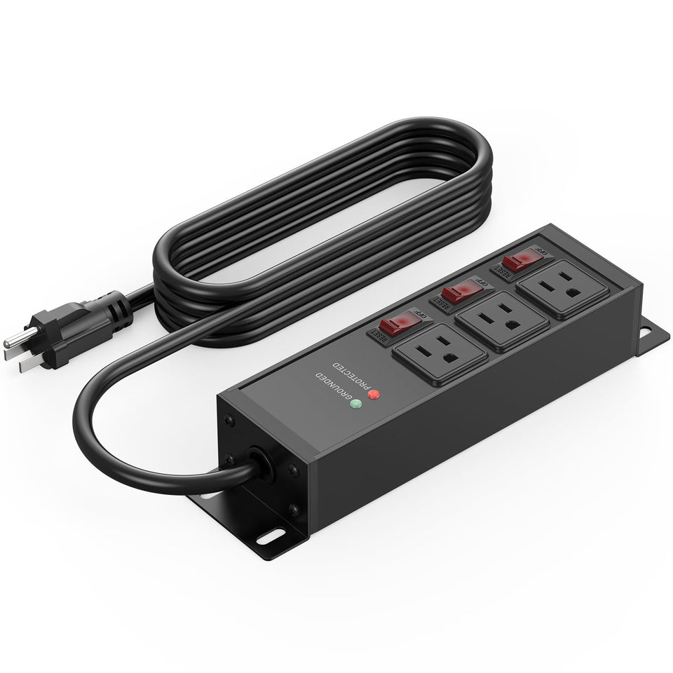 CCCEI front view of 3-outlet power strip showing robust build and easy access switches