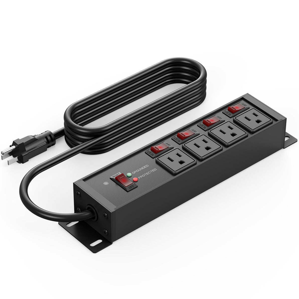 CCCEI front view showing metal housing and four outlets, durable protection