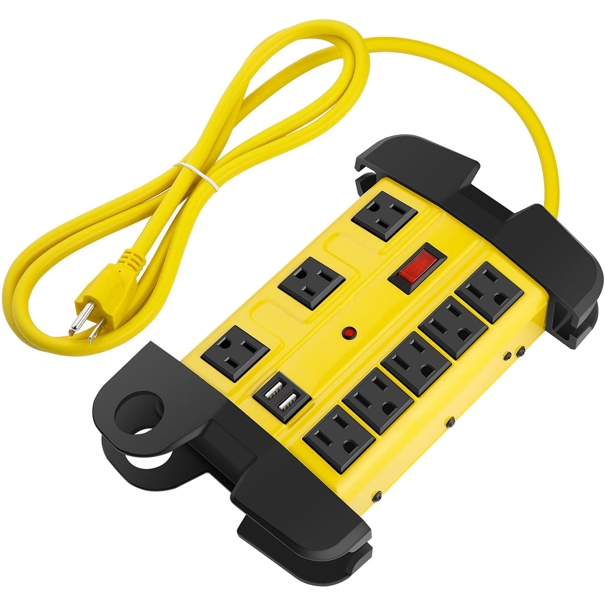 CCCEI front view of metal power strip showing outlets and bright yellow housing for visibility