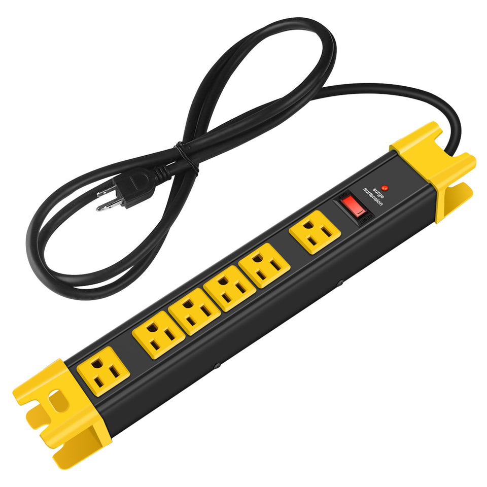 CCCEI front view of metal power strip showing six outlets and durable design benefit