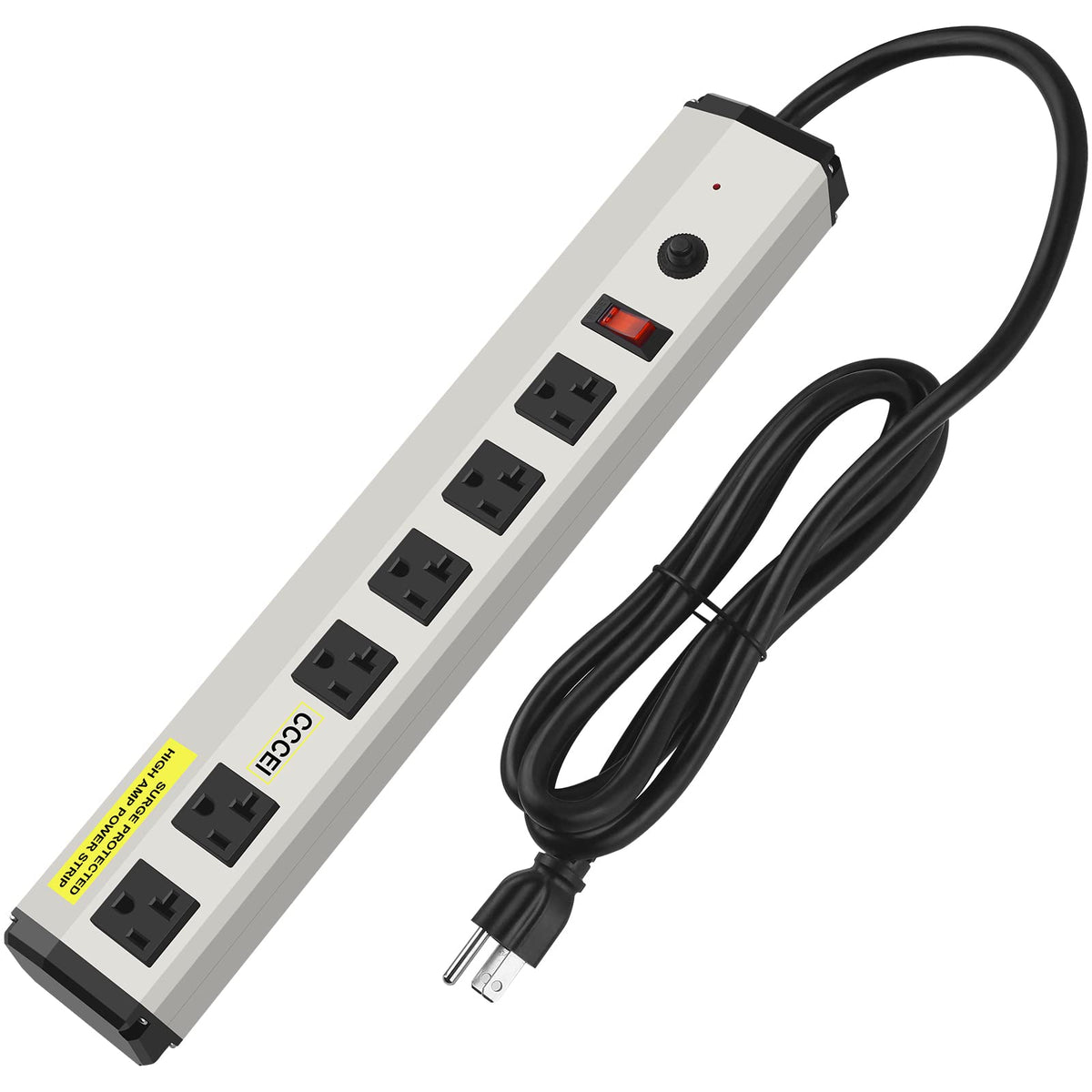 CCCEI front view metal strip showing six outlets and sturdy housing for reliable power