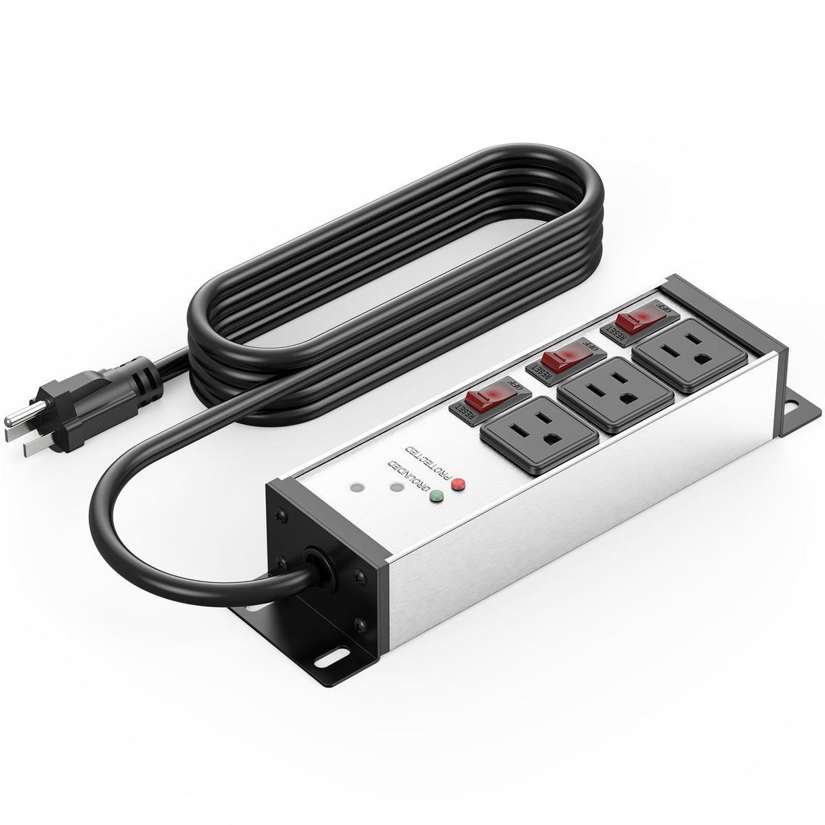 CCCEI front view showing three outlets and brushed silver housing for durable power