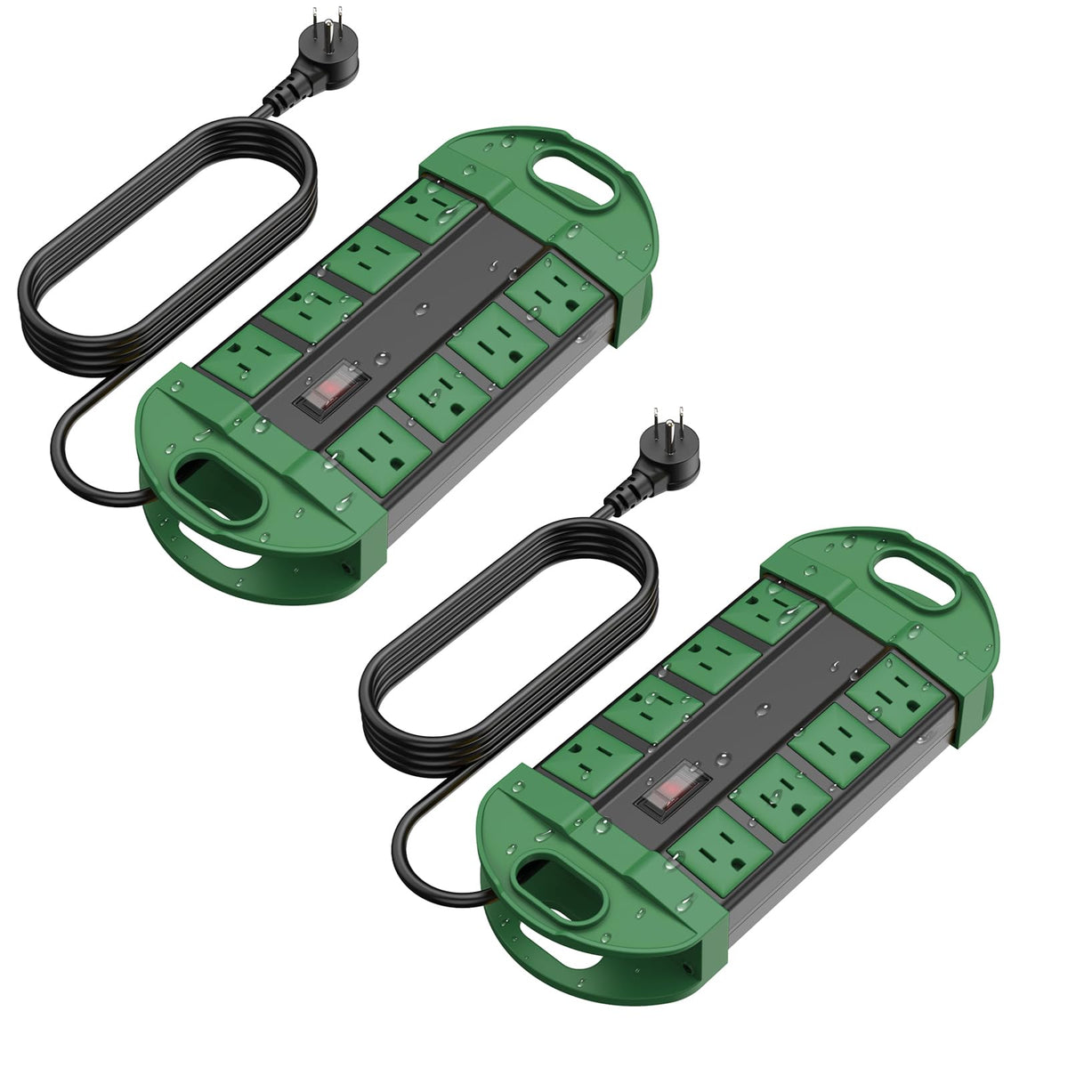 CCCEI front view of weatherproof outdoor power strip showing eight outlets and green housing for safer outdoor power