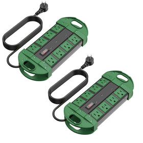 CCCEI front view of weatherproof outdoor power strip showing eight outlets and green housing for safer outdoor power
