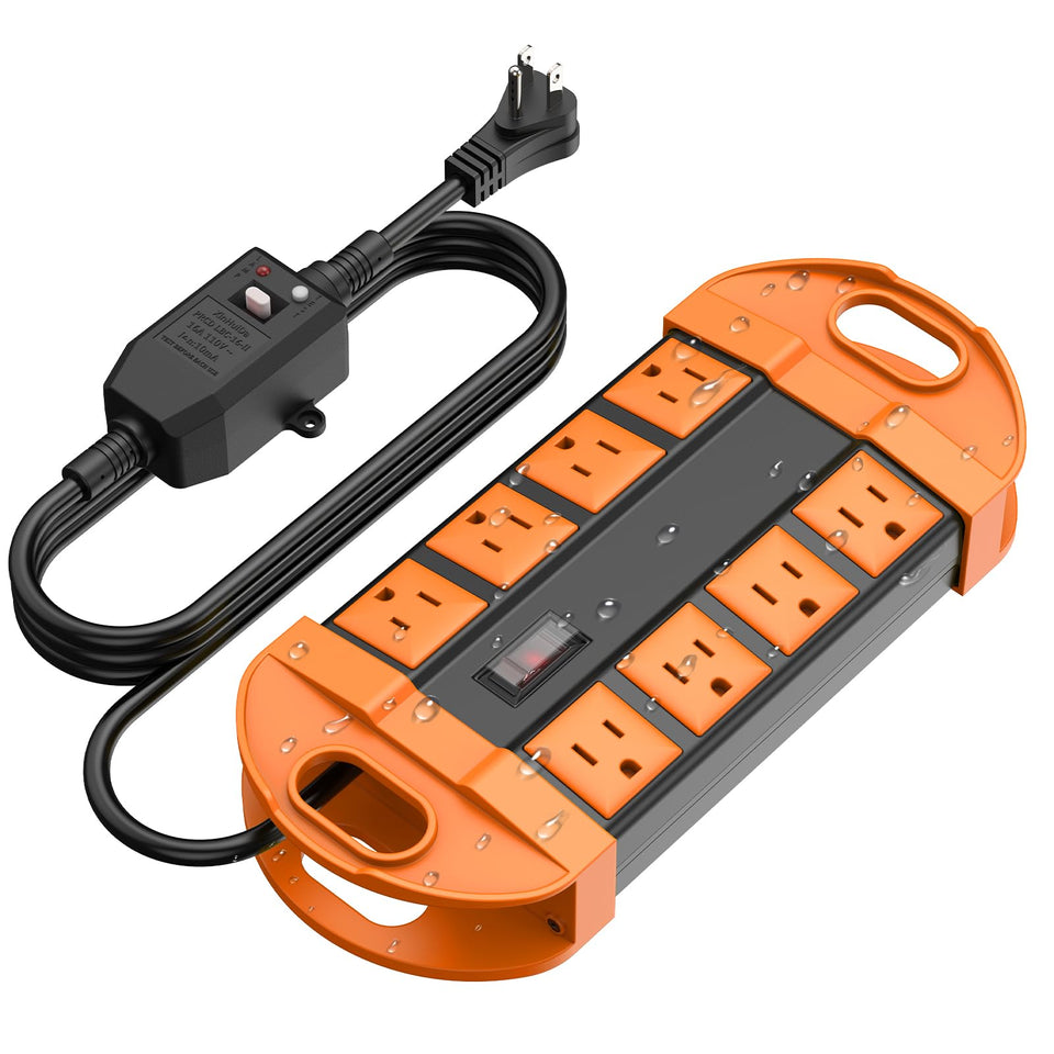 CCCEI front view of orange weatherproof power strip showing eight outlets and bright ports for safe outdoor use