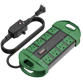 CCCEI front view of green outdoor power strip showing eight outlets and housing for organized power