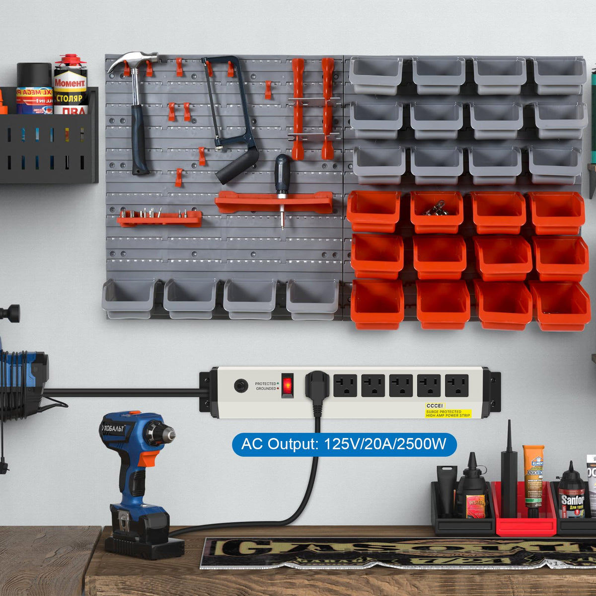CCCEI close-up of six heavy-duty outlets improving device organization and access