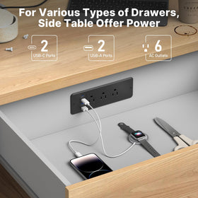 Hidden drawer outlet station keeps cords organized
