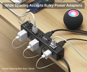 CCCEI clamp power strip mounted on a desk powering monitors and accessories neatly