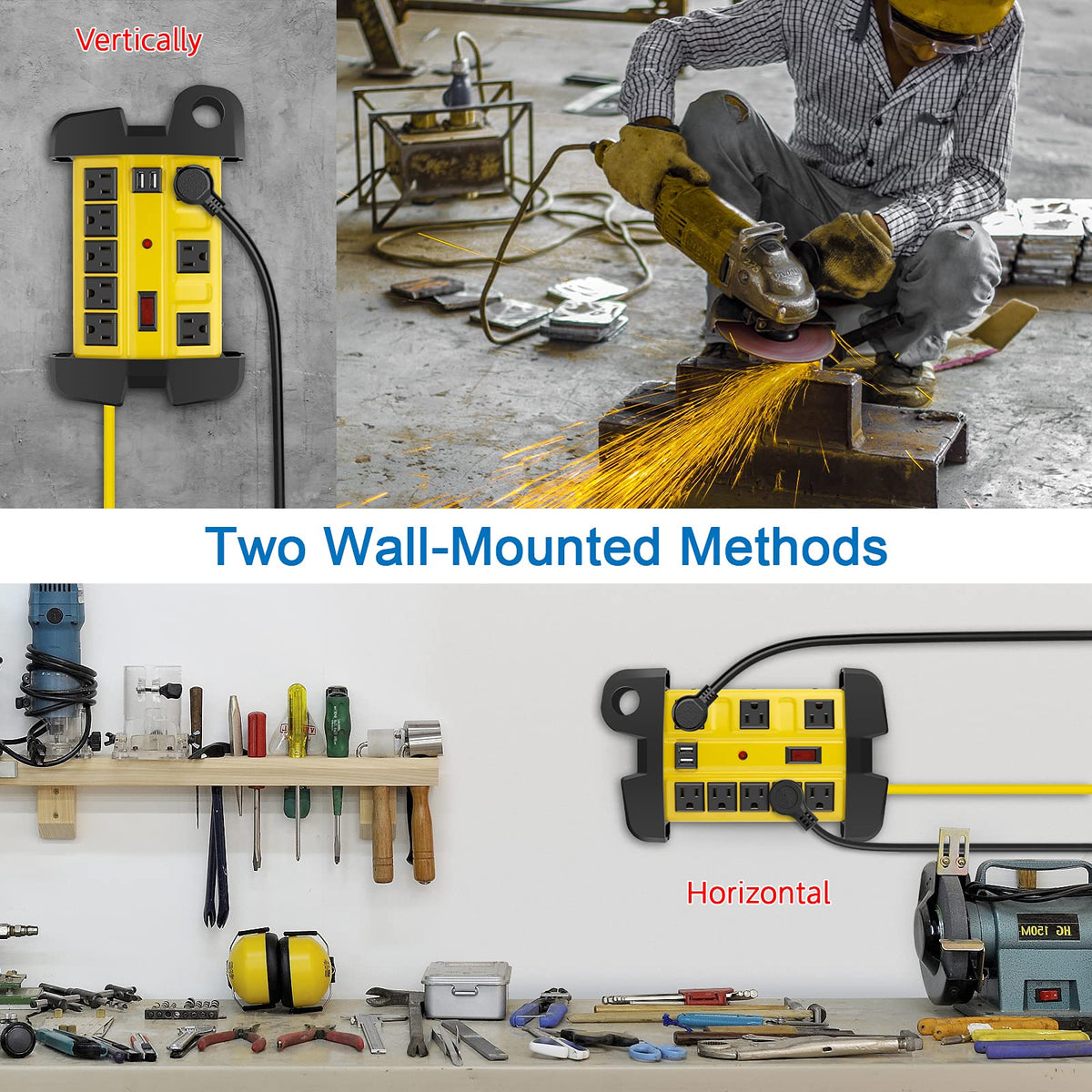 CCCEI power strip on a workbench powering tools and devices for efficient workspace use