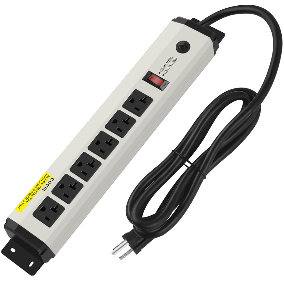 CCCEI metal power strip front view showing six outlets for versatile workshop use