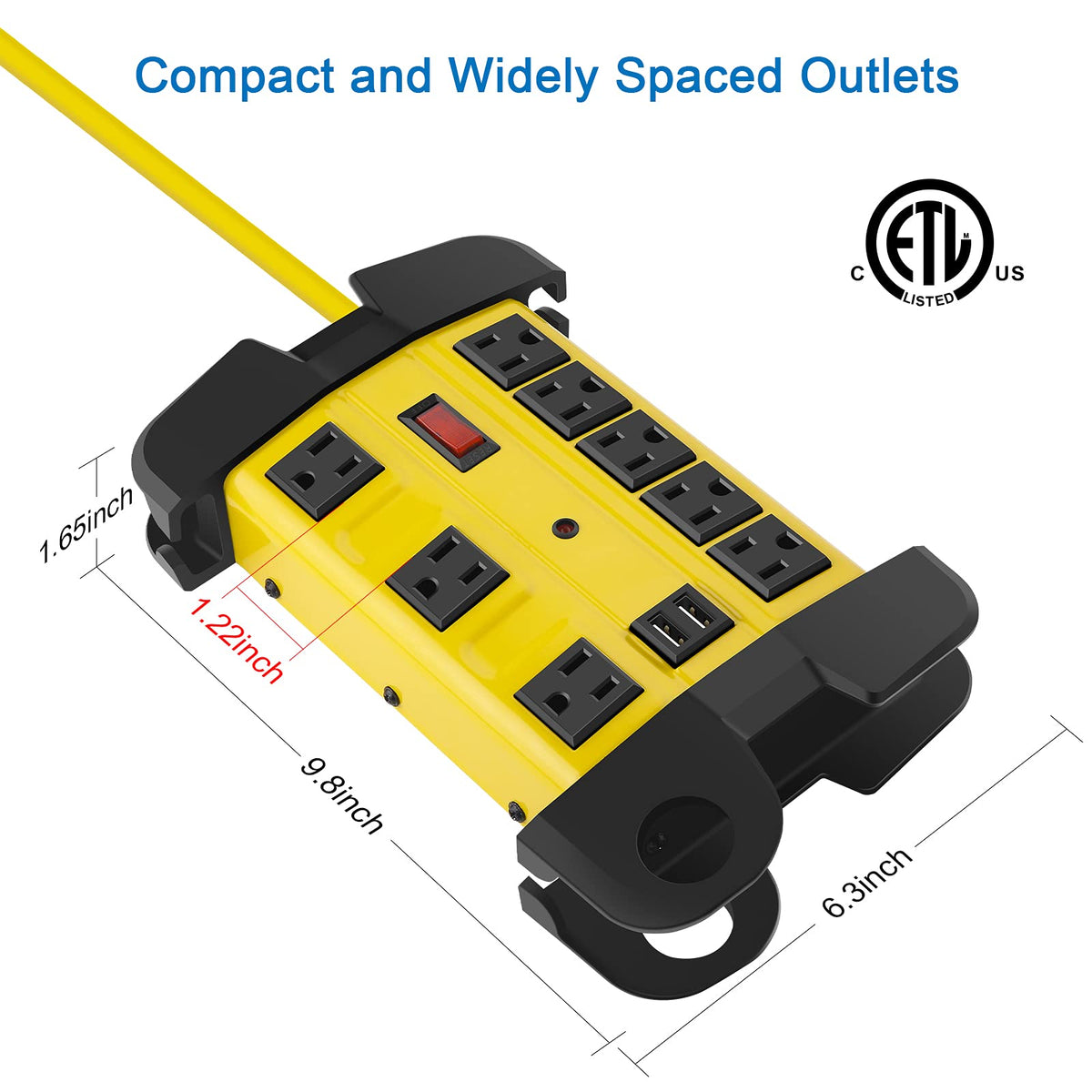 CCCEI power strip mounted on a workbench in a garage showing organized tool setup