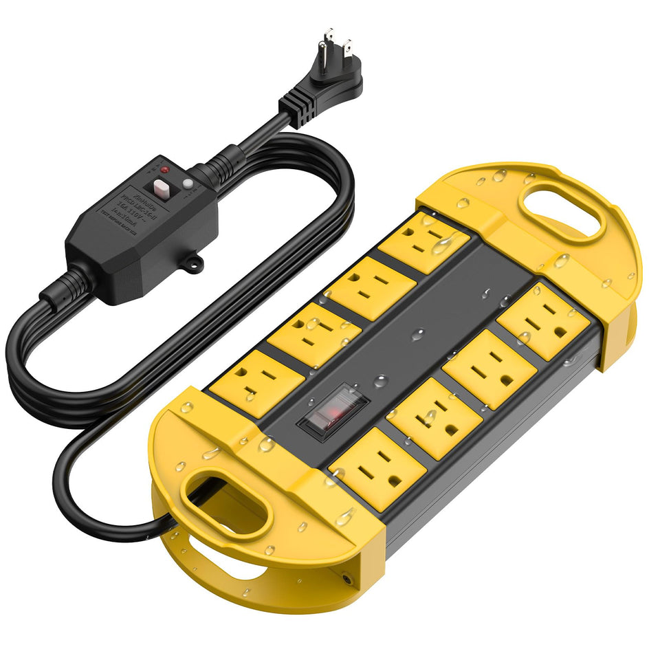 CCCEI outdoor power strip front view showing 8 outlets and bright yellow housing for visibility