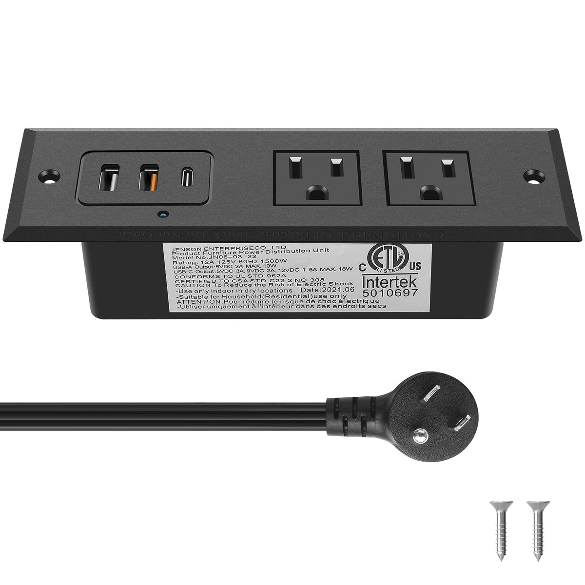 CCCEI recessed power strip shown with a 6ft flat plug cord for a neat desk setup