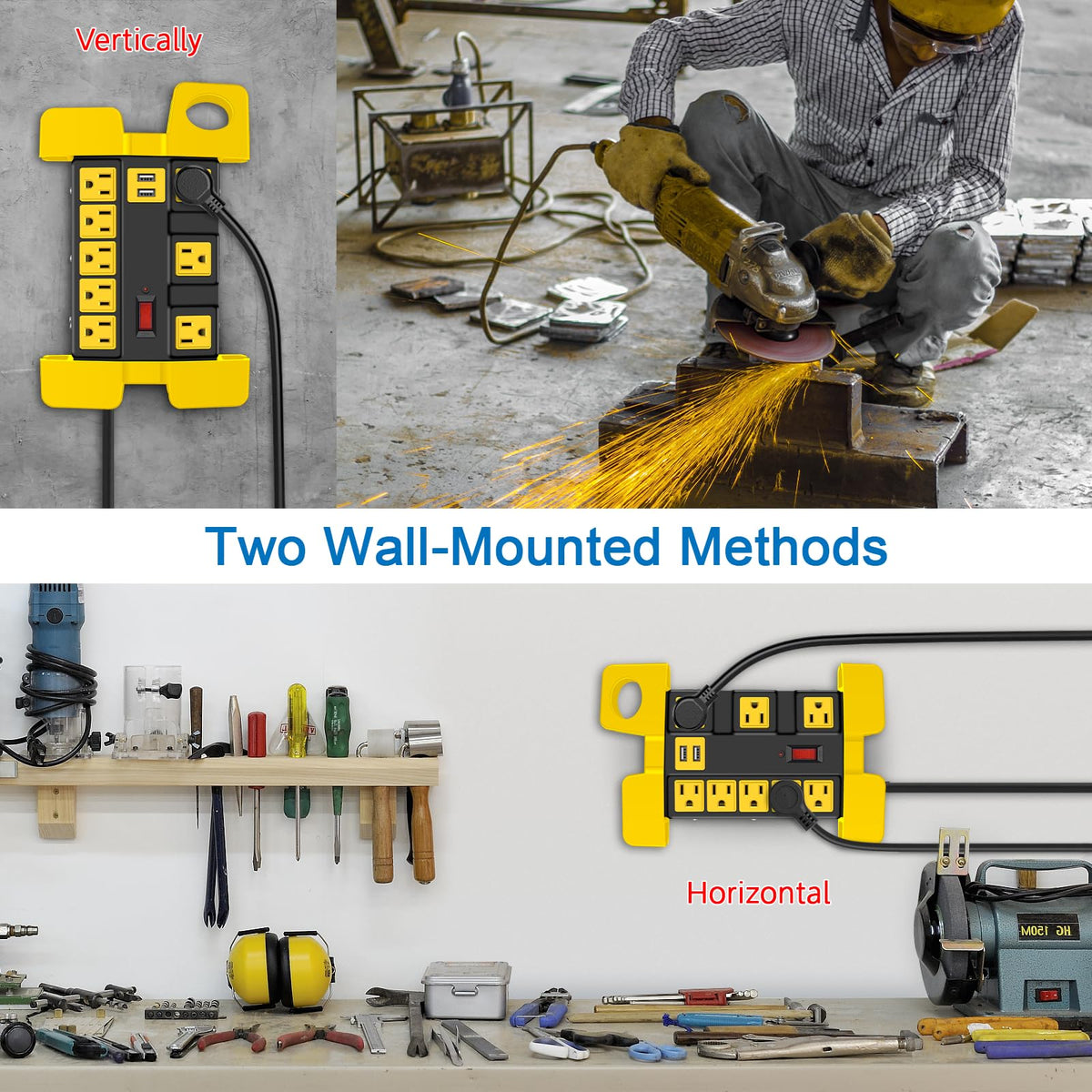 CCCEI power strip next to a hand tool showing scale and suitability for garage workspaces