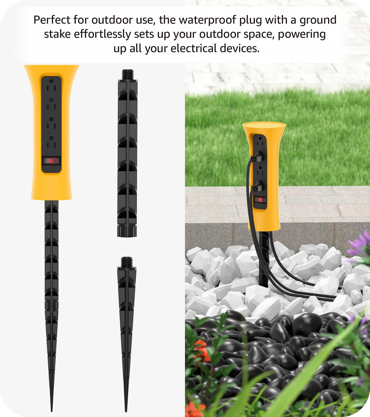 CCCEI stake-mounted outdoor power strip for secure installation on uneven surfaces.
