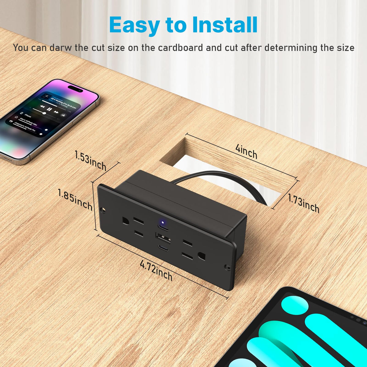 CCCEI USB-C PD and USB-A QC ports power devices efficiently.
