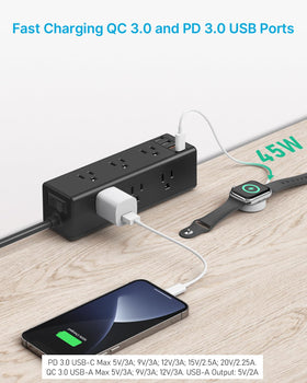 CCCEI close-up of QC3.0 USB-A and 45W USB-C PD ports for fast device charging