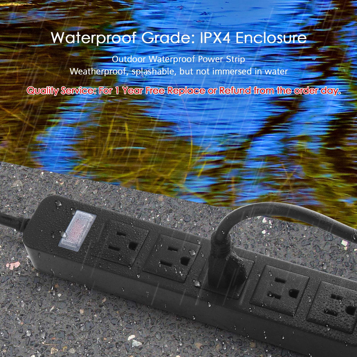 CCCEI weatherproof surge protector shown in rain-ready exterior for patios and yards.