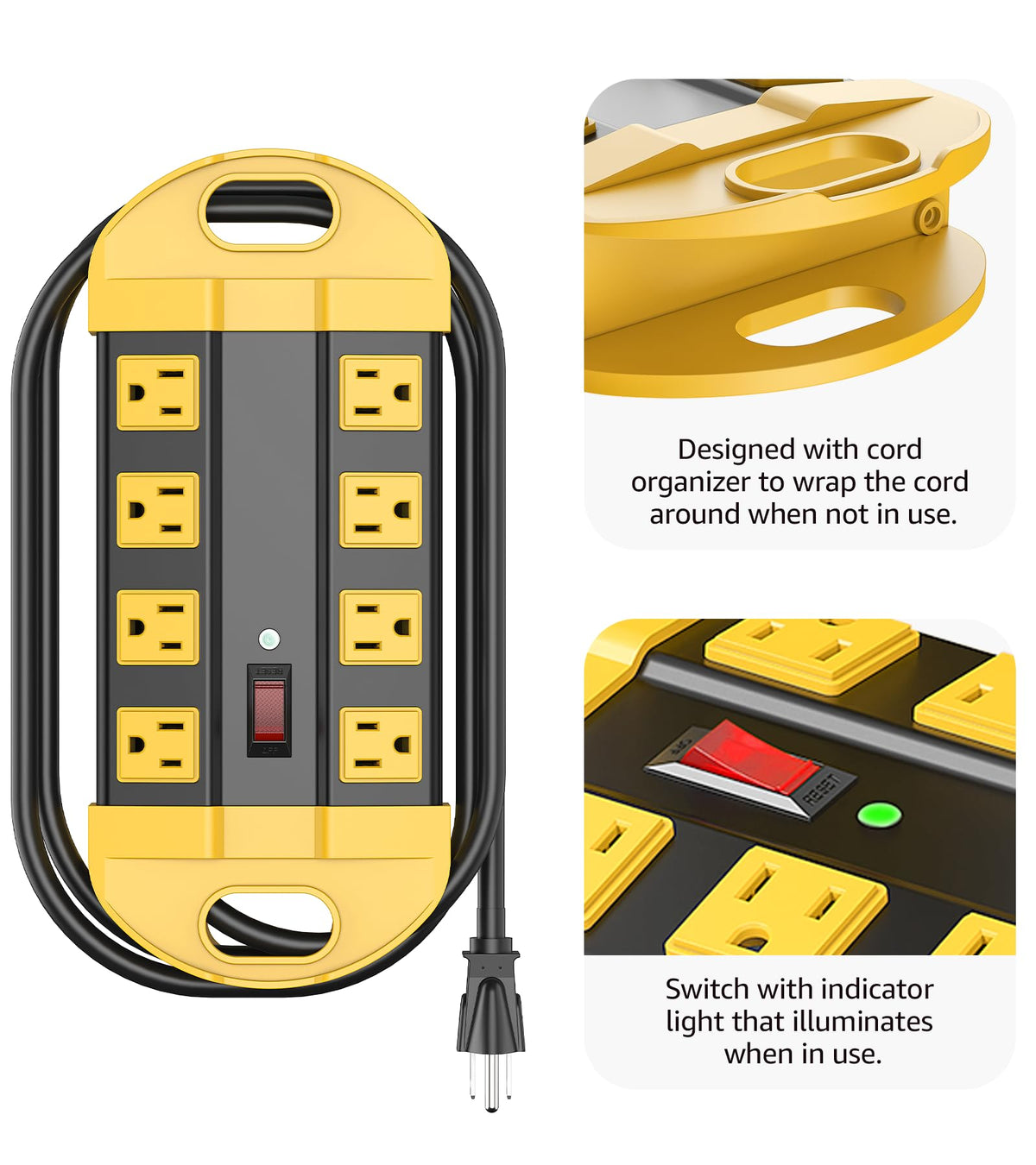 CCCEI power strip highlighting widely spaced outlets to fit large plugs