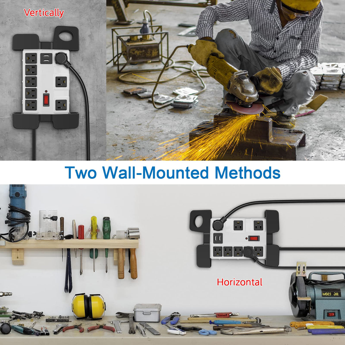 CCCEI power strip on workshop bench powering tools and chargers for efficient workspace benefit