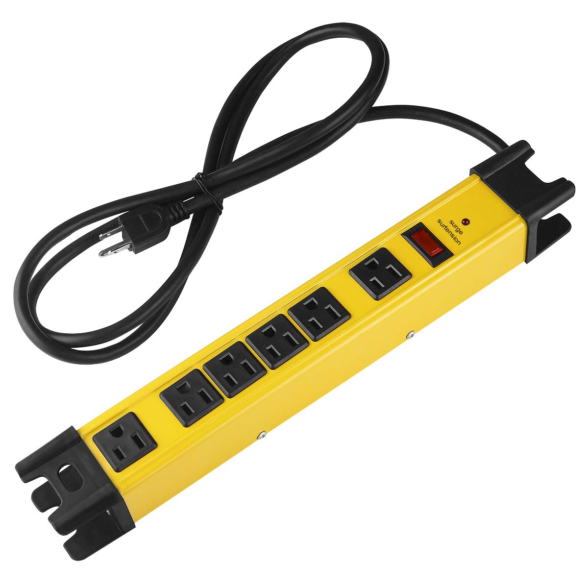 CCCEI yellow metal power strip front view showing durable housing and visible outlets for workshop organization