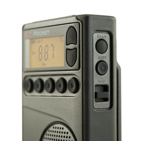 C. Crane CC Pocket radio back view showing compact size for travel.