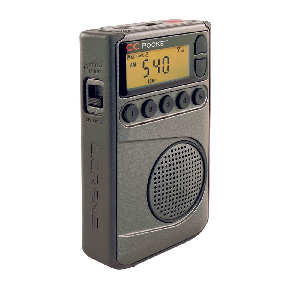 C. Crane CC Pocket AM FM NOAA radio front view with portable, responsive tuning.