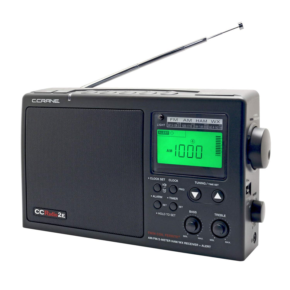 C. Crane CCRadio-2E front view shows portable AM/FM receiver with weather capabilities.