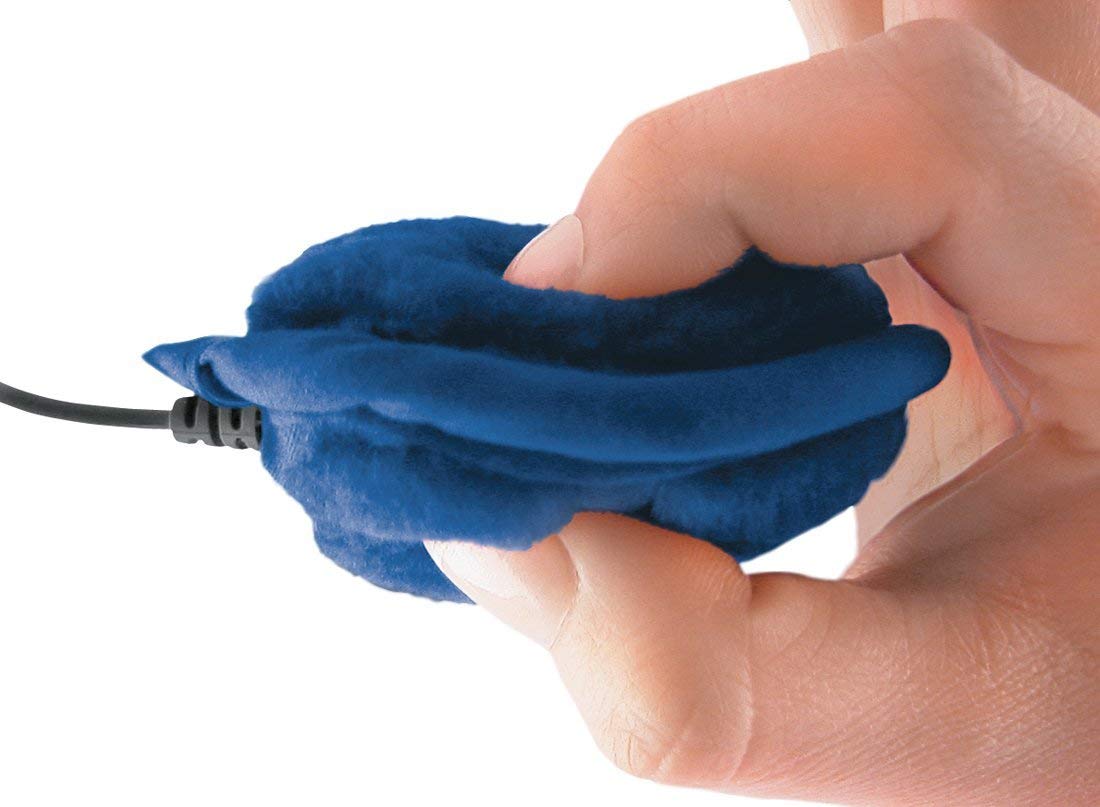C.Crane PS2 SoftSpeaker on a blue pillow delivers close-to-ear audio with comfortable soft cover.
