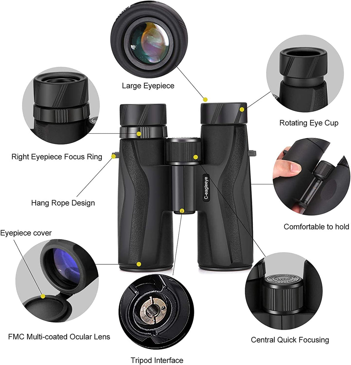 Close-up of Bak4 lens on C-eagleeye 10x42 binoculars delivering sharp, bright images