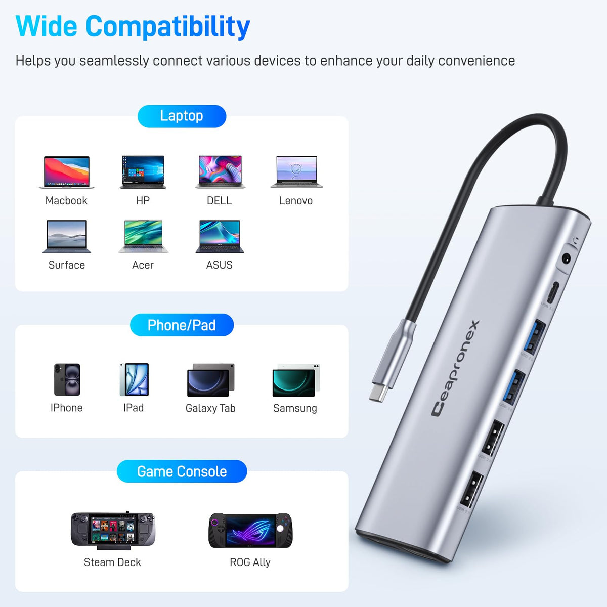 Ceapronex 3.5mm audio/mic combo port for calls and media playback.