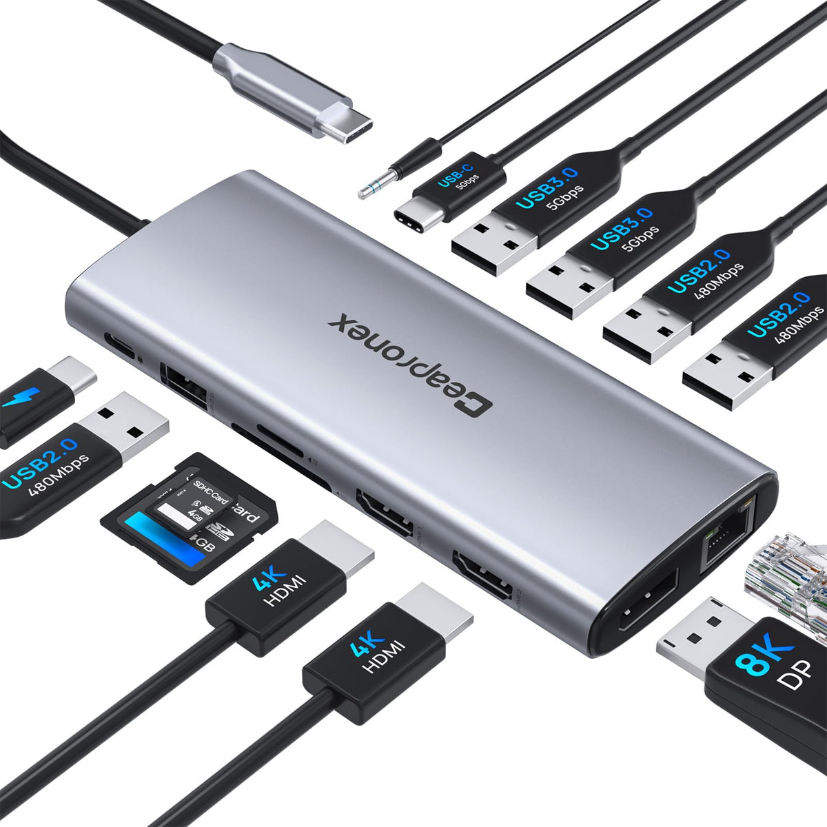 Ceapronex USB-C docking station with two HDMI and DP outputs for 4K/8K viewing.