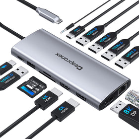 Ceapronex USB-C docking station with two HDMI and DP outputs for 4K/8K viewing.