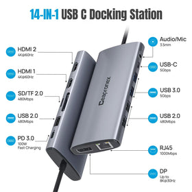 Ceapronex USB C Docking Station back view showing ethernet and SD card readers for fast data transfer.